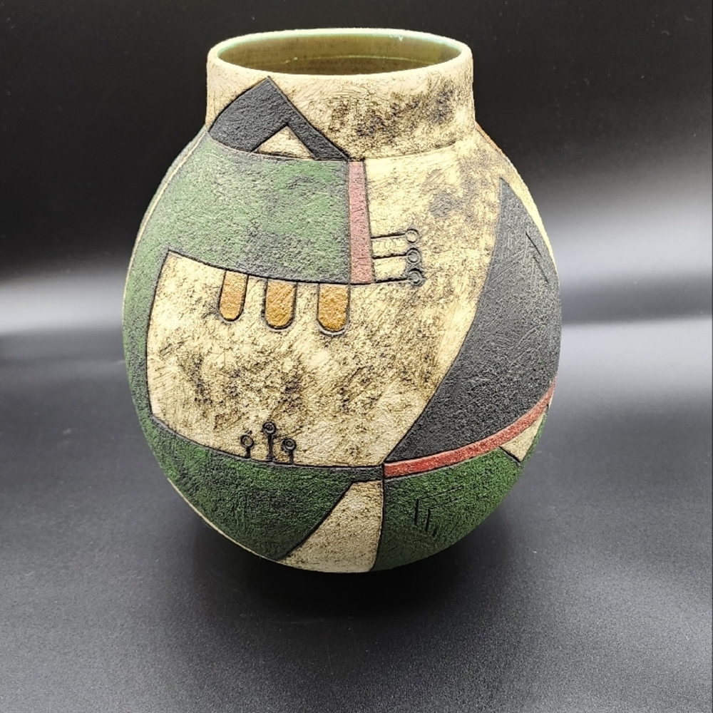 Vtg Native America Navajo Pottery Indian Vase Geometric Lines Signed Rare